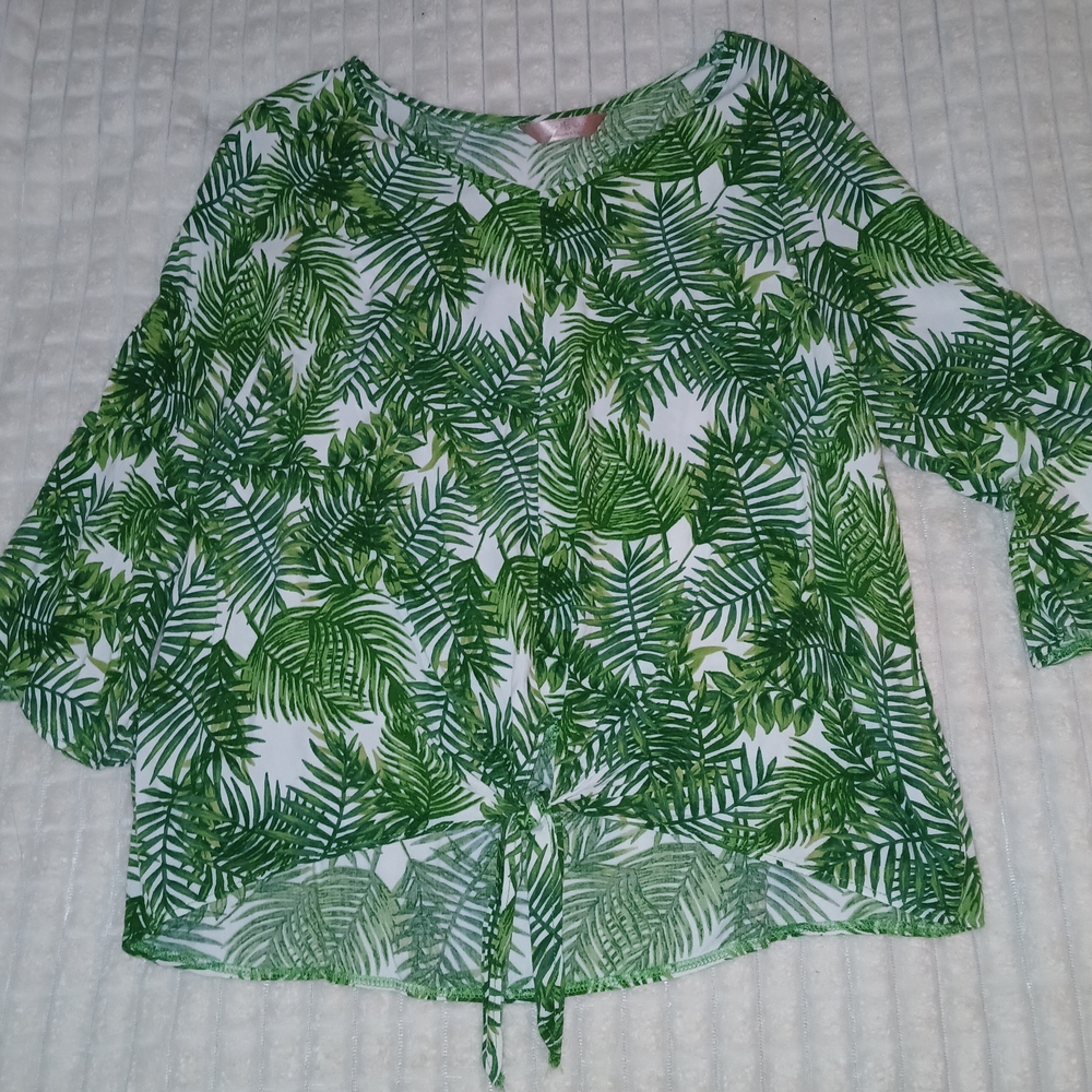 SJS Green Tropical Leaf Women's Blouse Sz L EEUC